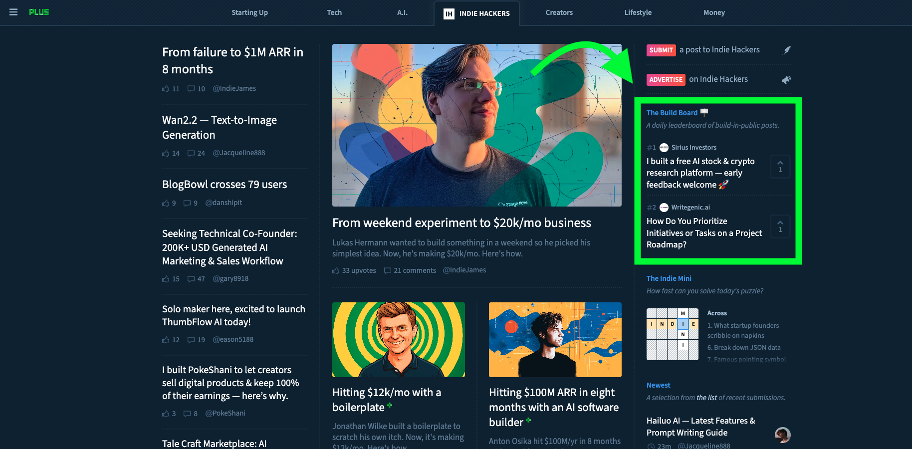 Indie Hackers Front Page Screenshot